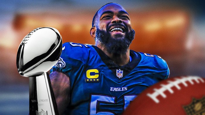 Eagles, Brandon Graham, Brandon Graham Eagles, Brandon Graham retirement, Super Bowl, Brandon Graham with Lombardi trophy on graphic, Eagles stadium in the background