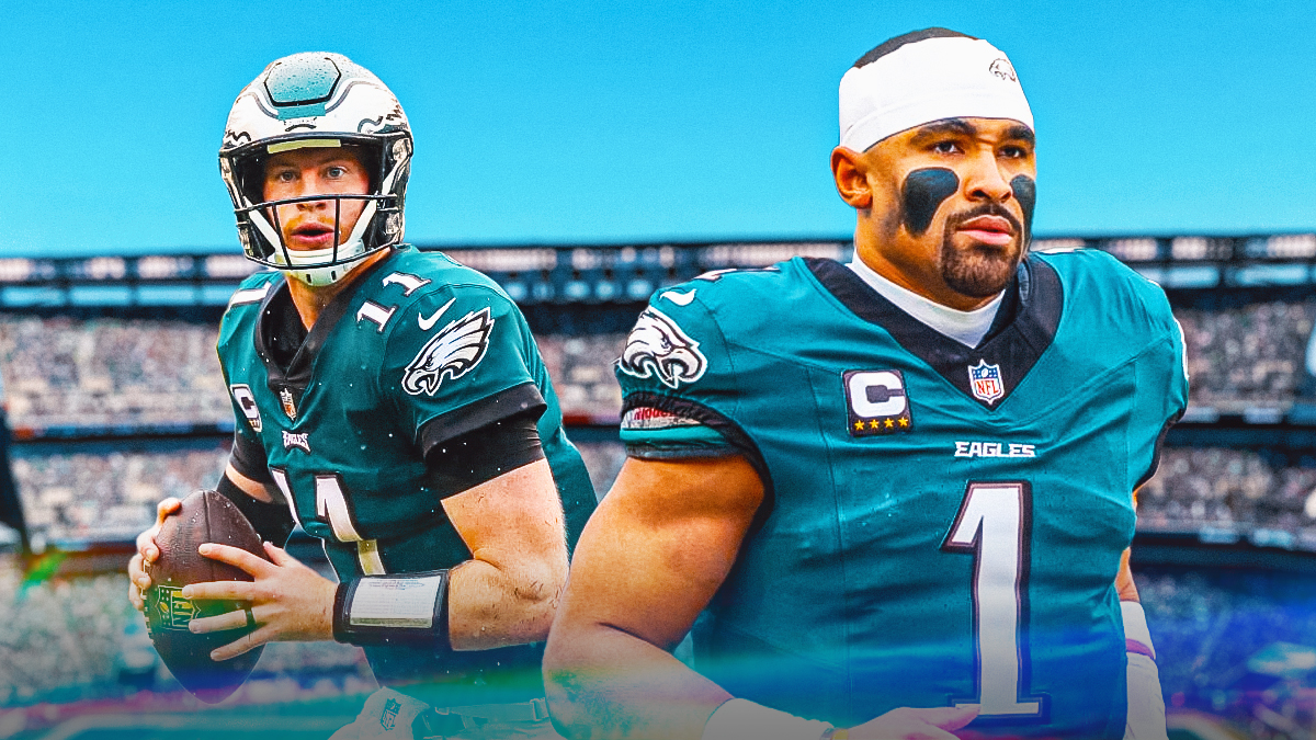 Eagles Carson Wentz next to Jalen Hurts with the Eagles stadium as the background.