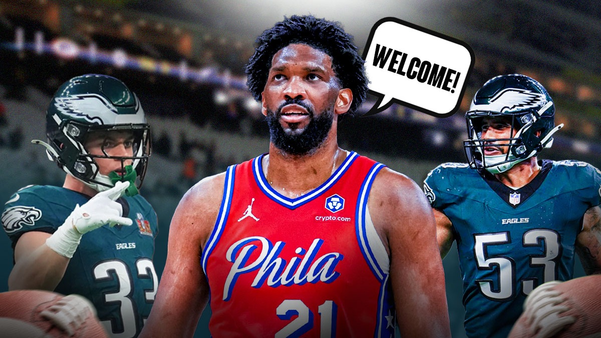 Cooper DeJean and Zach Baun. Joel Embiid in the middle with speech bubble pointing to him saying "welcome!"