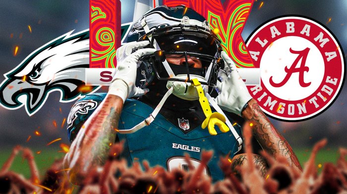 DeVonta Smith, Philadelphia Eagles and Alabama Crimson Tide and Super Bowl 59 logos, fire symbols surrounding Smith