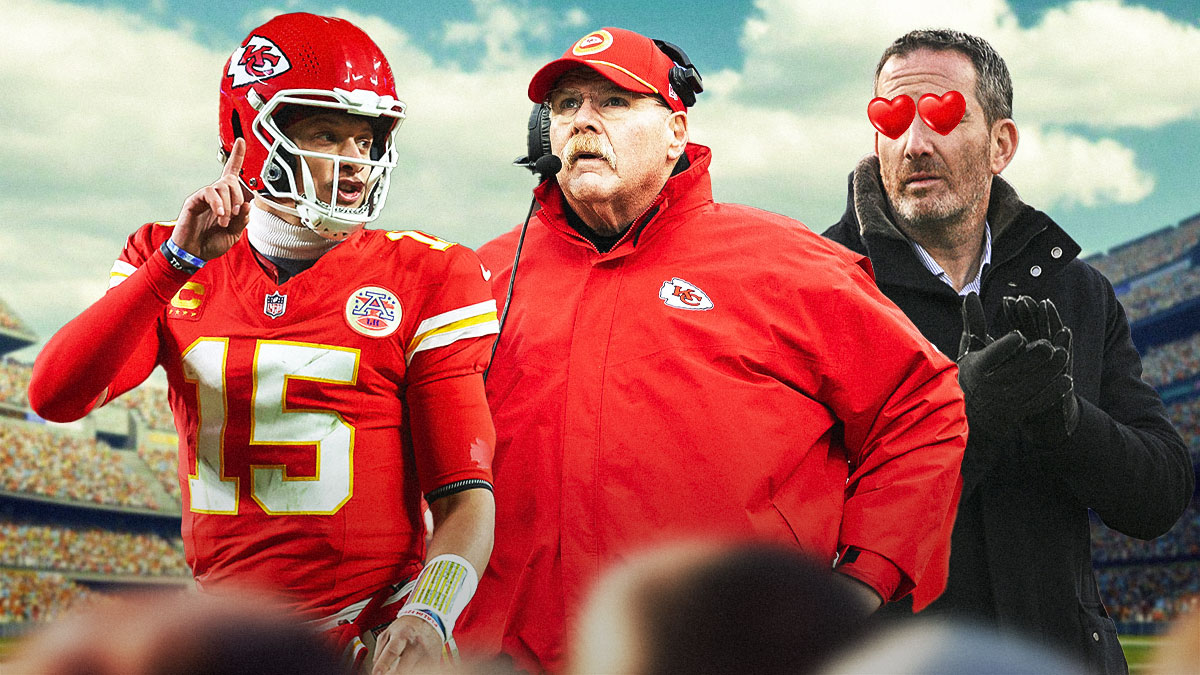 Philadelphia Eagles GM Howie Roseman with hearts in his eyes looking at Chiefs coach Andy Reid and Patrick Mahomes in a Kansas City Chiefs uniform.