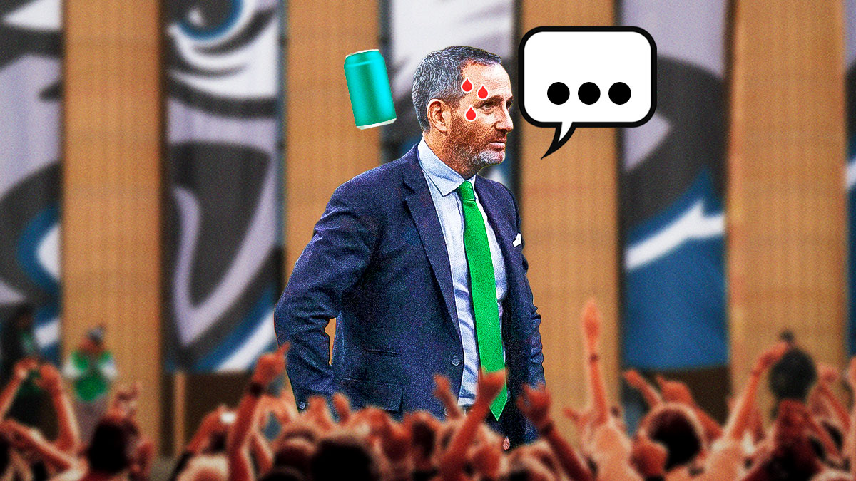 Eagles GM Howie Roseman with speech bubble saying, "...". Next to head is a beer can, and if it's allowed, please add a few 🩸 drops from forehead. Background is Rocky Steps in Philadelphia, PA, where the Super Bowl parade took place.