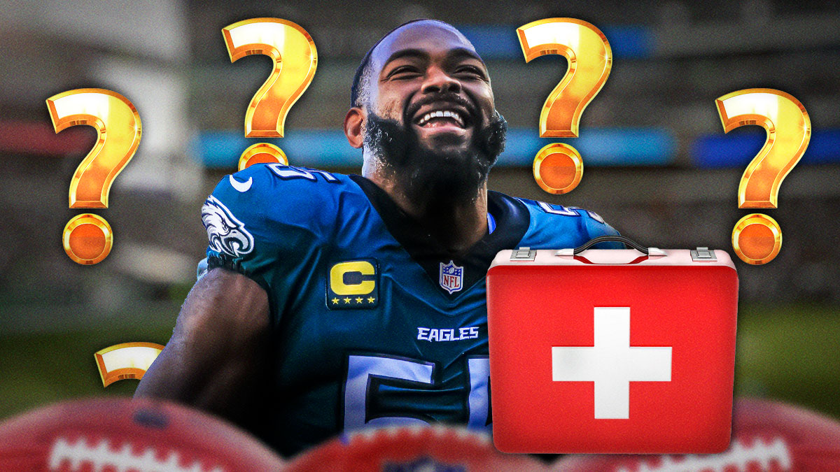 Brandon Graham with an injury kit in front of him and a bunch of question marks in the background