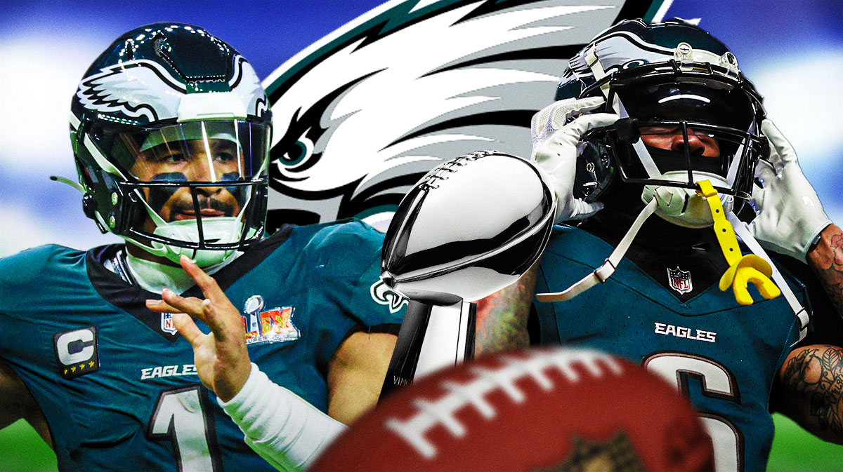 Philadelphia Eagles QB Jalen Hurts next to WR DeVonta Smith. There is also a logo for the Philadelphia Eagles and a Lombardi Trophy.