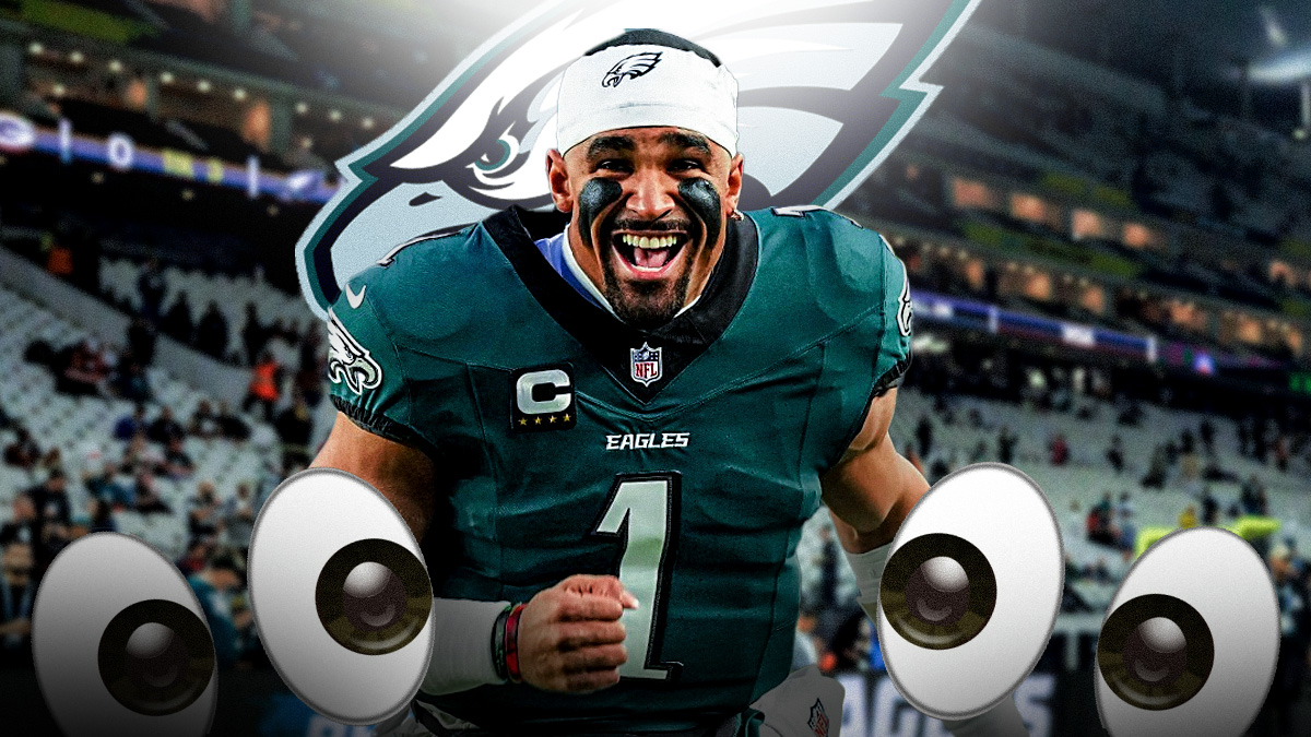 Image of Eagles QB Jalen Hurts smiling with eyes emoji next to him. Eagles logo in background