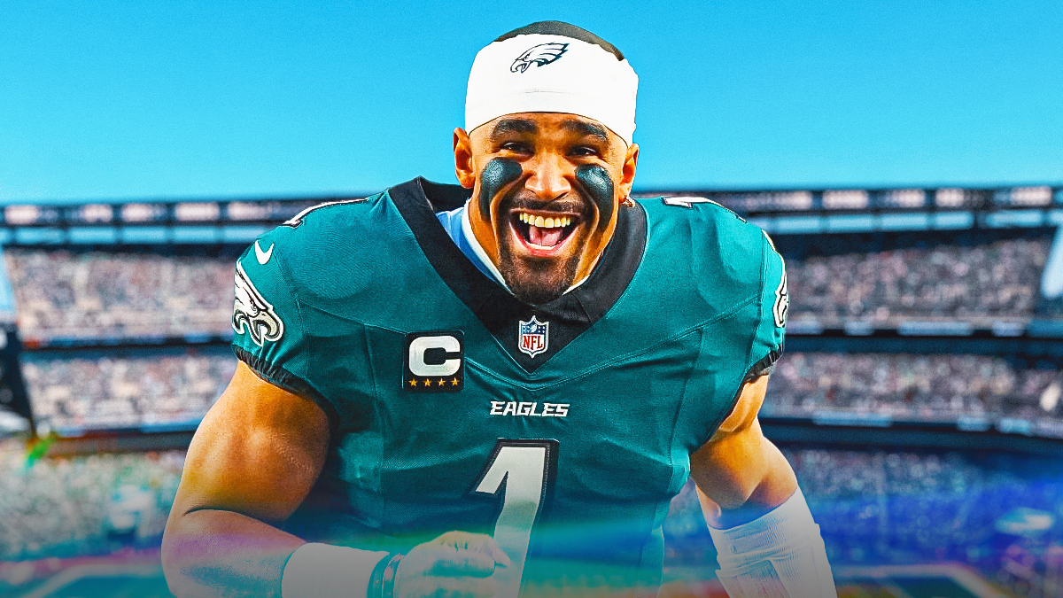 Eagles, Jalen Hurts, Chiefs, Eagles Chiefs, Super Bowl, Jalen Hurts smiling with Eagles stadium in the background