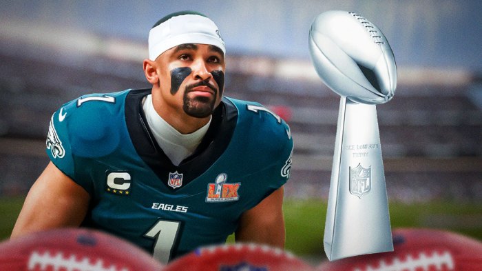 Jalen Hurts in a Philadelphia Eagles uniform with the Lombardi Trophy.