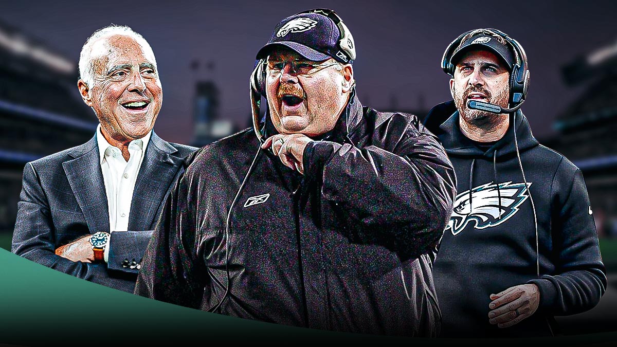 Jeffrey Lurie Andy Reid (Eagles) and Nick Sirianni in front of the Eagles stadium.