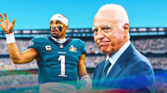 Eagles owner Jeffrey Lurie with hearts in his eyes looking at Jalen Hurts in a Philadelphia Eagles uniform.