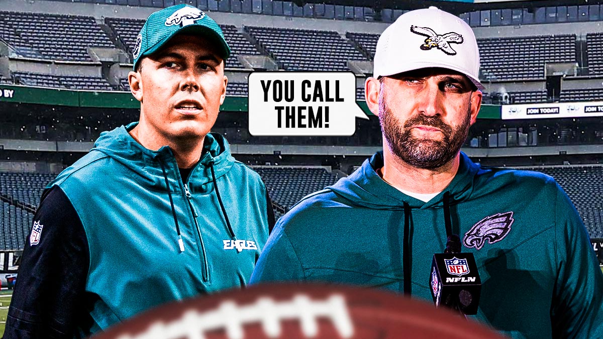 Nick Sirianni with a text bubble reading "You call them!" next to Kellen Moore in front of the Eagles stadium.