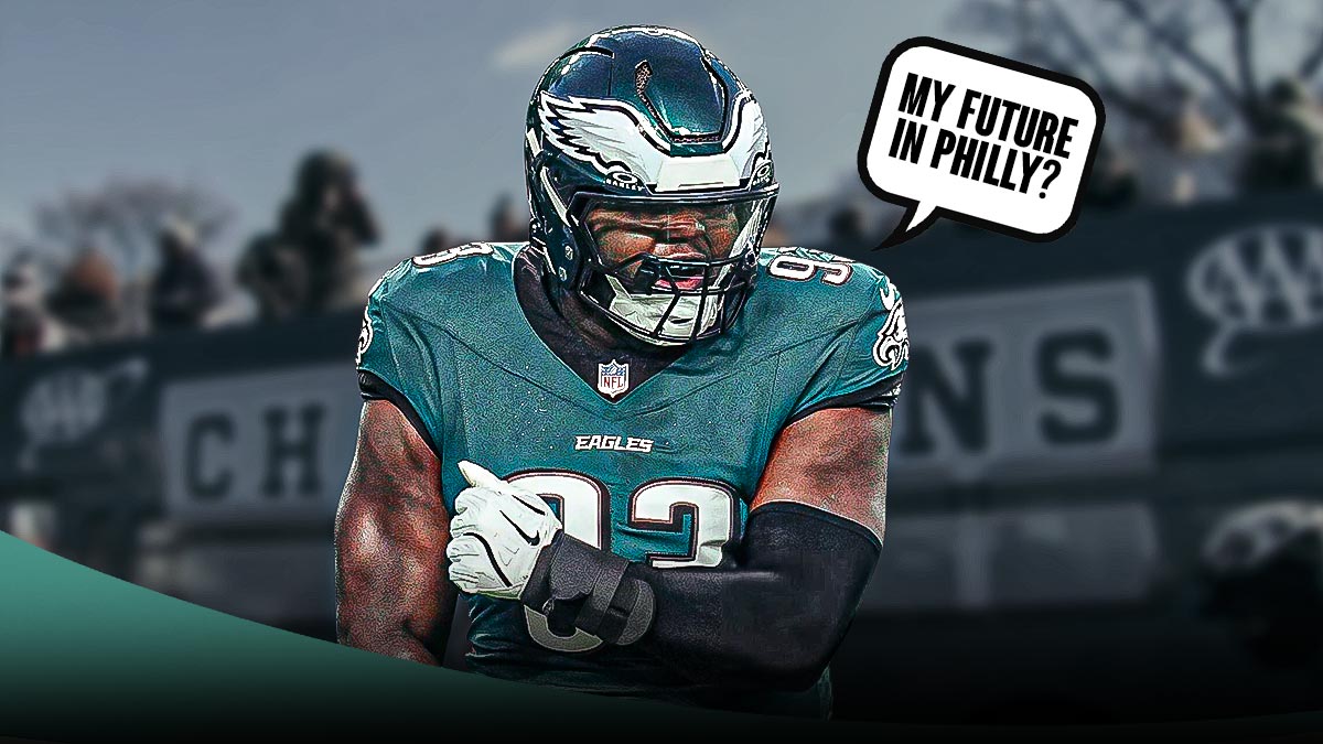 Milton Williams with a text bubble reading "My future in Philly?" in front of the Eagles Super Bowl parade bus.
