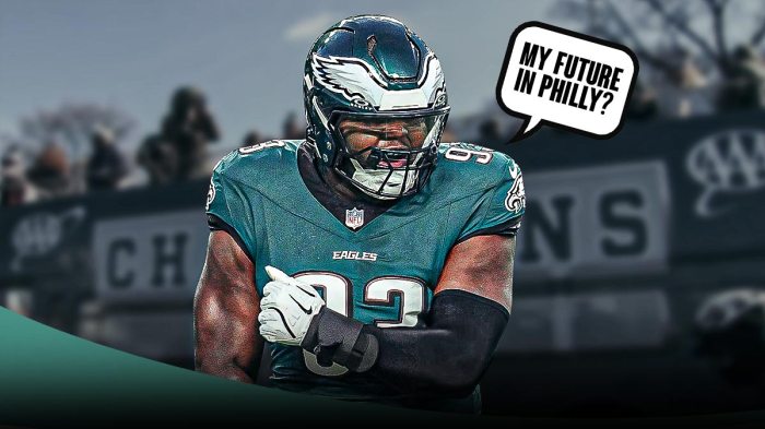 Milton Williams with a text bubble reading "My future in Philly?" in front of the Eagles Super Bowl parade bus.