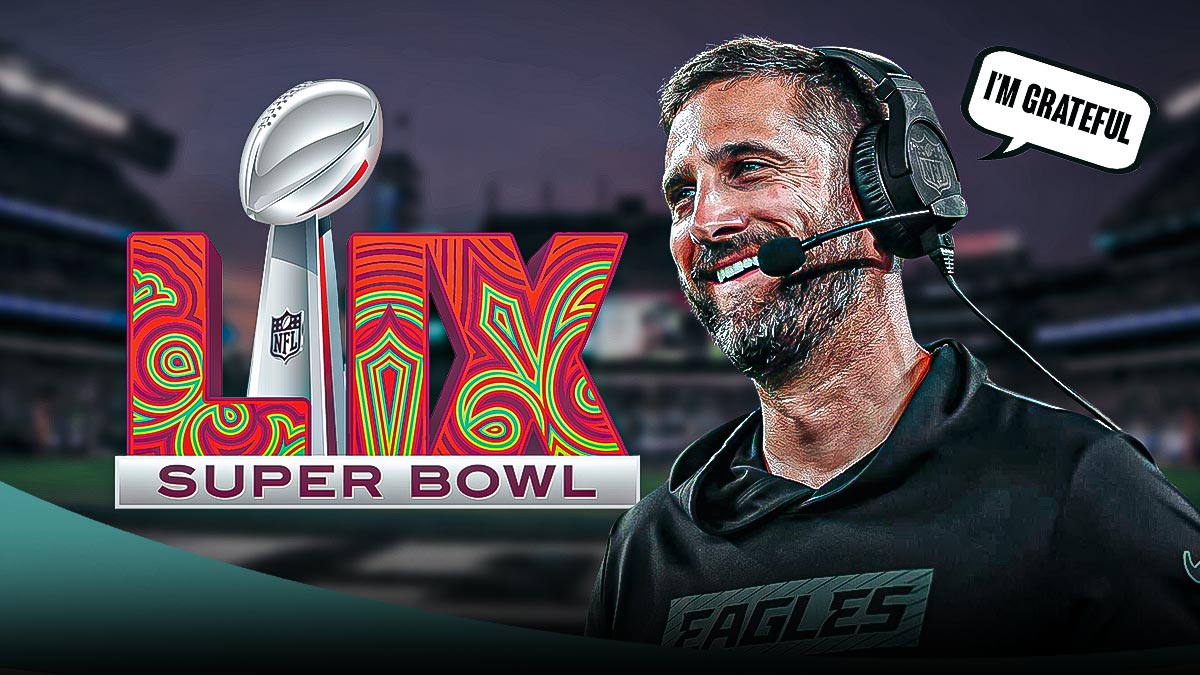 Nick Sirianni in front of the Super Bowl 59 logo with a text bubble reading "I'm grateful"