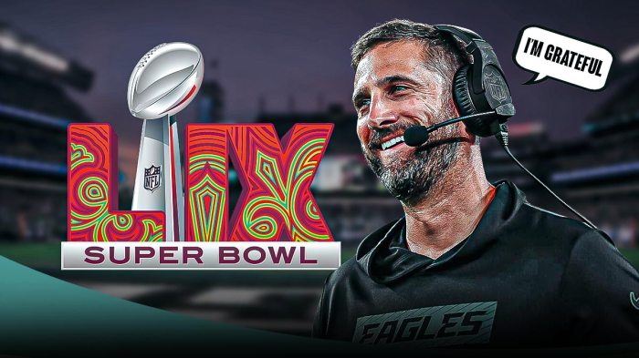 Nick Sirianni in front of the Super Bowl 59 logo with a text bubble reading "I'm grateful"