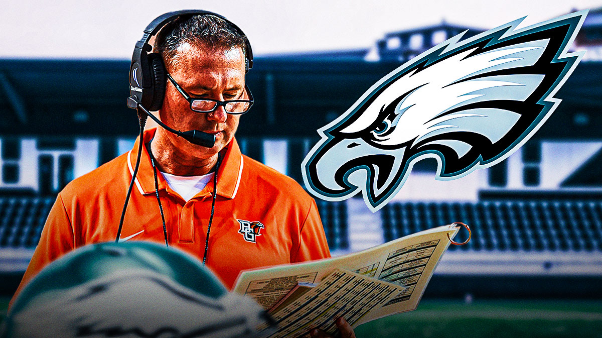 Bowling Green head coach Scot Loeffler with a logo for the Philadelphia Eagles.