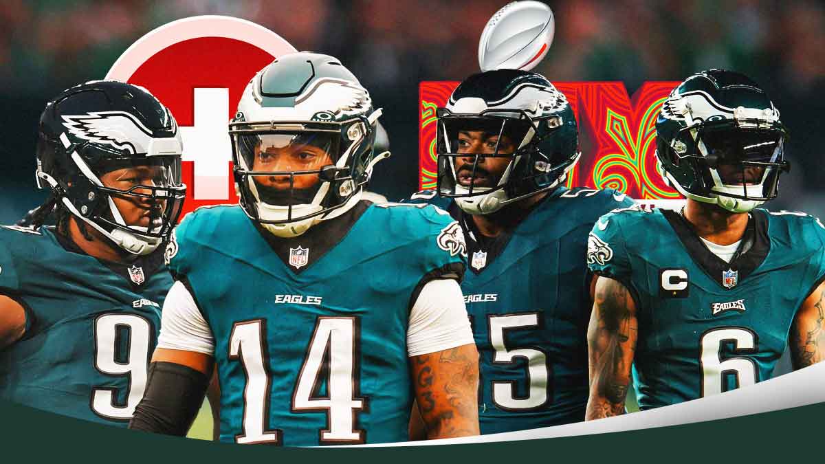Jalen Carter, Kenneth Gainwell, Brandon Graham and DeVonta Smith next to medical symbol and Super Bowl 59 logo.