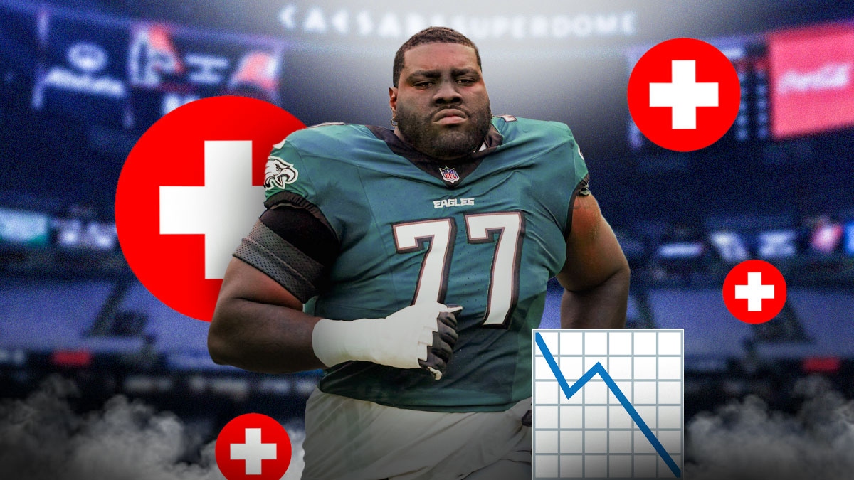 Eagles OL Mekhi Becton with 📉 and red medical crosses in background. Background is Caesars Superdome.