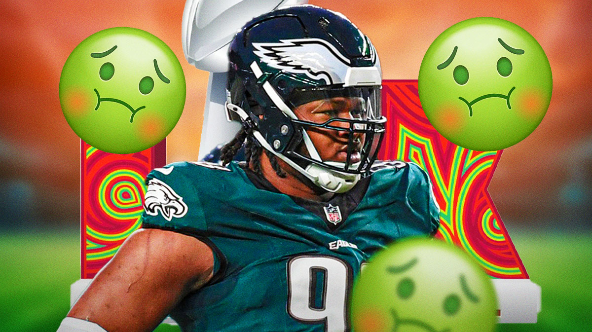 Jalen Carter, Super Bowl 59 logo. 🤢 emojis around him.