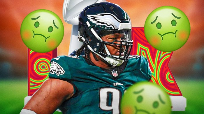 Jalen Carter, Super Bowl 59 logo. 🤢 emojis around him.