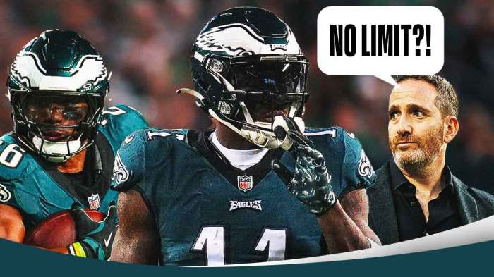 Saquon Barkley and AJ Brown in Philadelphia Eagles uniforms with Eagles GM Howie Roseman saying: No Limit?! to no salary cap on free agents.