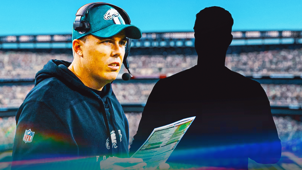Kellen Moore next to the blacked-out silhouette of Kevin Patullo in front of the Eagles stadium.