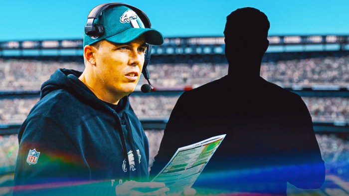Kellen Moore next to the blacked-out silhouette of Kevin Patullo in front of the Eagles stadium.
