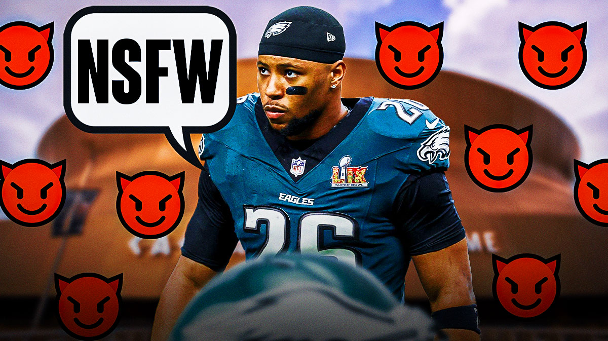 Eagles HB Saquon Barkley looking confident with speech bubble above his head. Speech bubble says, "NSFW". Multiple 😈 emojis in background. Background Caesars Superdome.