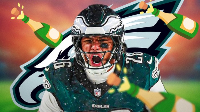 Eagles RB Saquon Barkley surrounded by champagne emojis (🍾). There is also a logo for the Philadelphia Eagles.