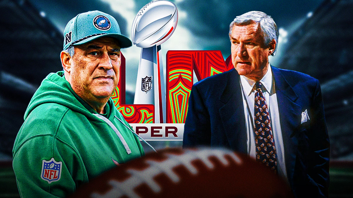 Vic Fangio on left. Dean Smith on right. Super Bowl LIX logo in the middle
