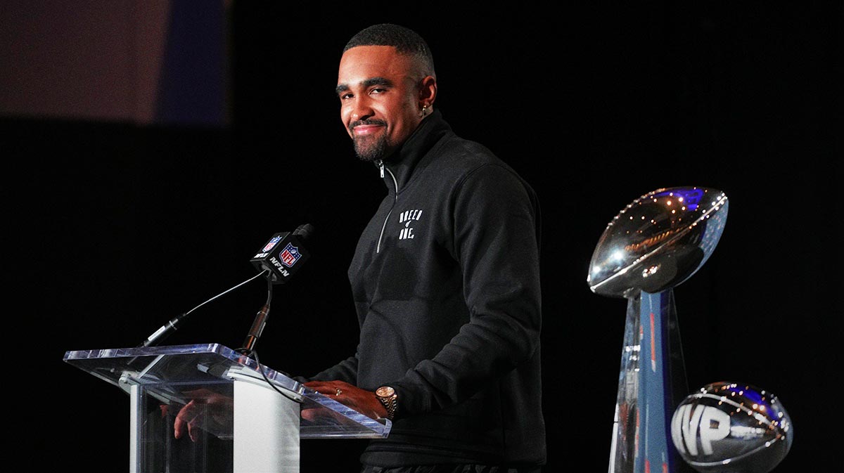 Philadelphia Eagles quarterback Jalen Hurts (1) speaks at the Super Bowl LIX Winning Head Coach and Most Valuable Player press conference at the Ernest N. Morial Convention Center.