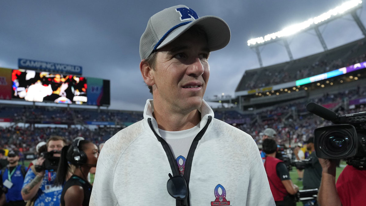Feb 2, 2025; Orlando, FL, USA; NFC coach Eli Manning reacts after the 2025 Pro Bowl Games at Camping World Stadium. Mandatory Credit: Kirby Lee-Imagn Images