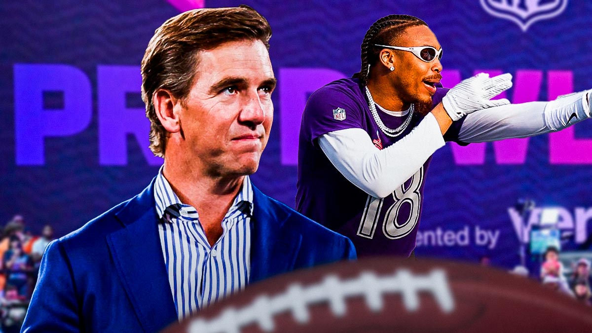 New York Giants legend Eli Manning and Minnesota Vikings wide receiver Justin Jefferson hitting the Griddy with 2025 NFL Pro Bowl logo.