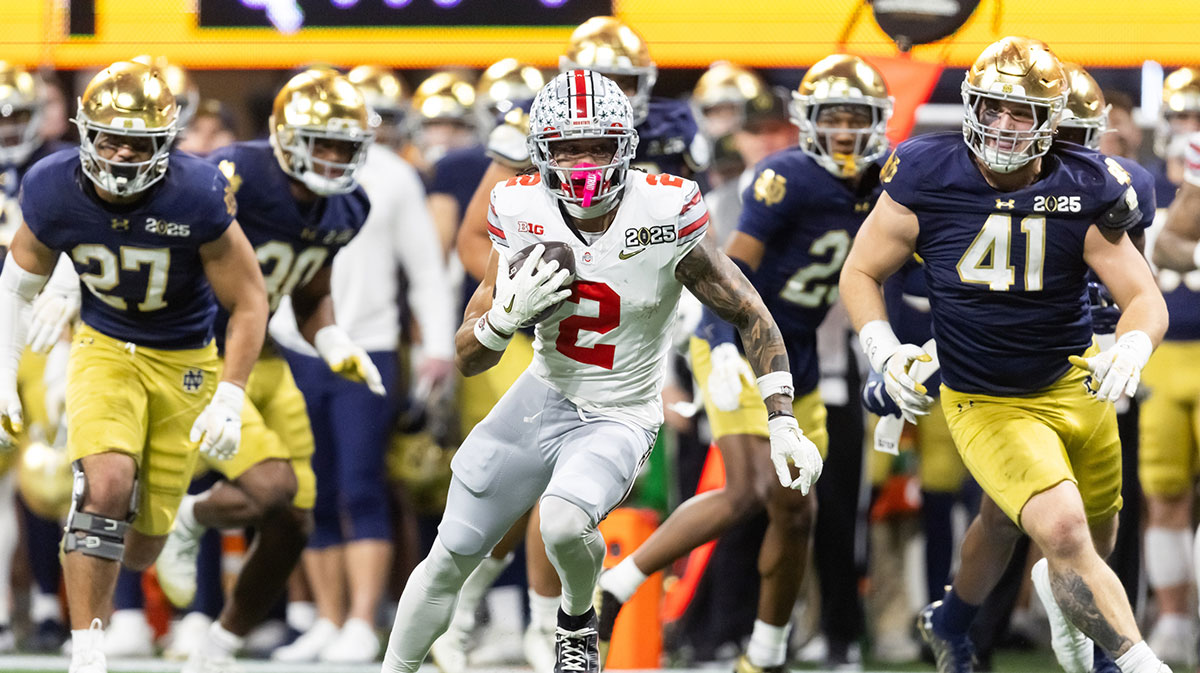 Jan 20, 2025; Atlanta, GA, USA; Ohio State Buckeyes wide receiver Emeka Egbuka (2) against the Notre Dame Fighting Irish during the CFP National Championship college football game at Mercedes-Benz Stadium. Mandatory Credit: Mark J. Rebilas-Imagn Images