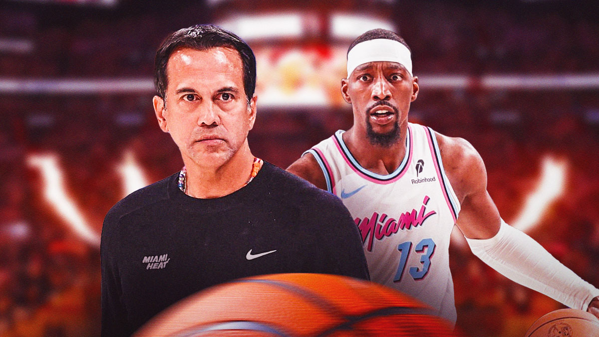 Miami Heat head coach Erik Spoelstra and Bam Adebayo in front of Kaseya Center.