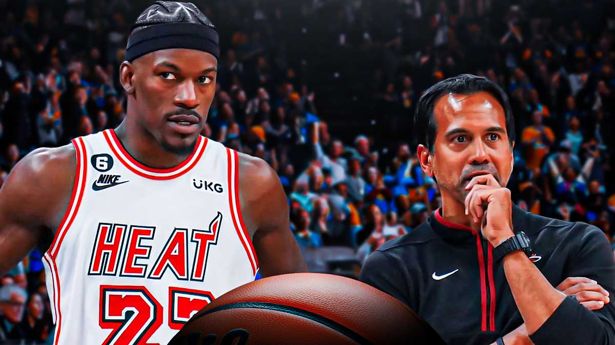 Miami Heat head coach Erik Spoelstra and Jimmy Butler in front of Kaseya Center.