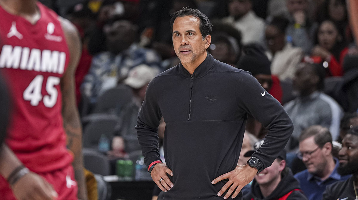 Miami Heat head coach Erik Spoelstra reacts on the bench against the Atlanta Hawks during the second half at State Farm Arena.