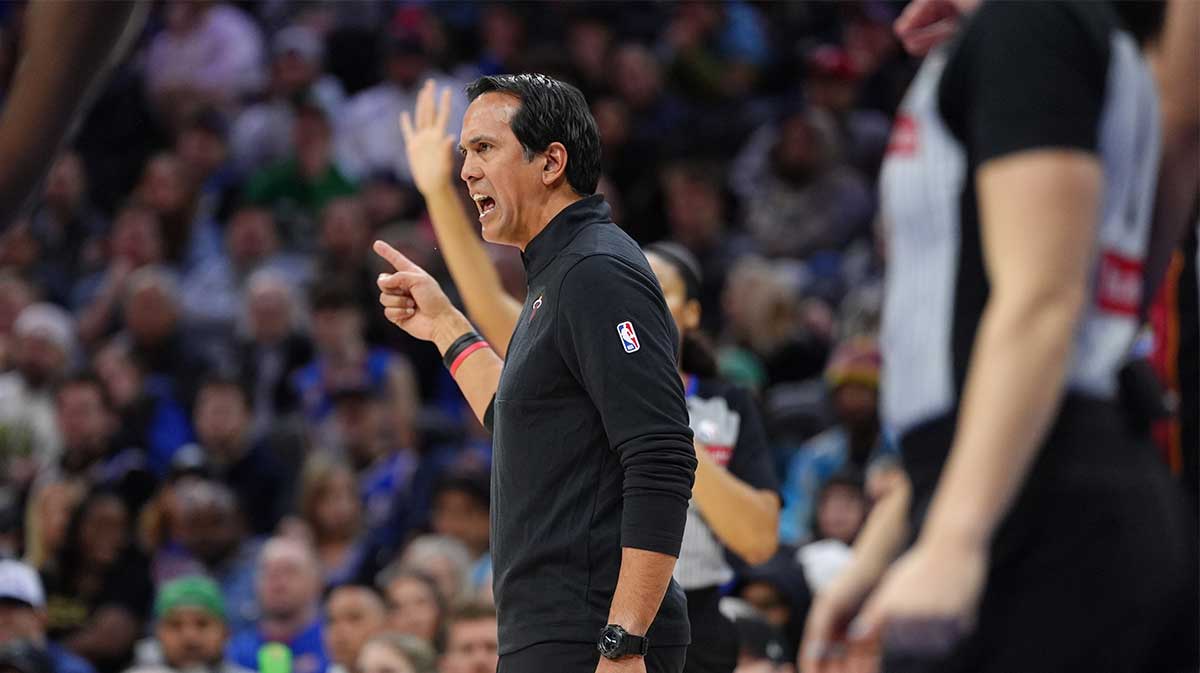 Miami Heat Coach Erik Spoelstra causes a call against Philadelphia 76eri in the fourth quarter in Wells Fargo Center.