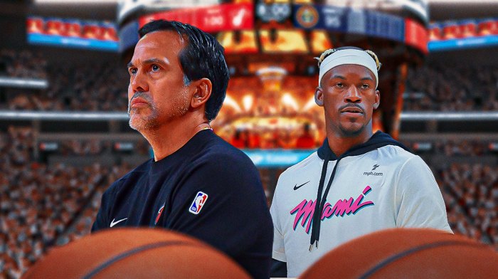 Miami Heat head coach Erik Spoelstra and Jimmy Butler in front of Kaseya Center.
