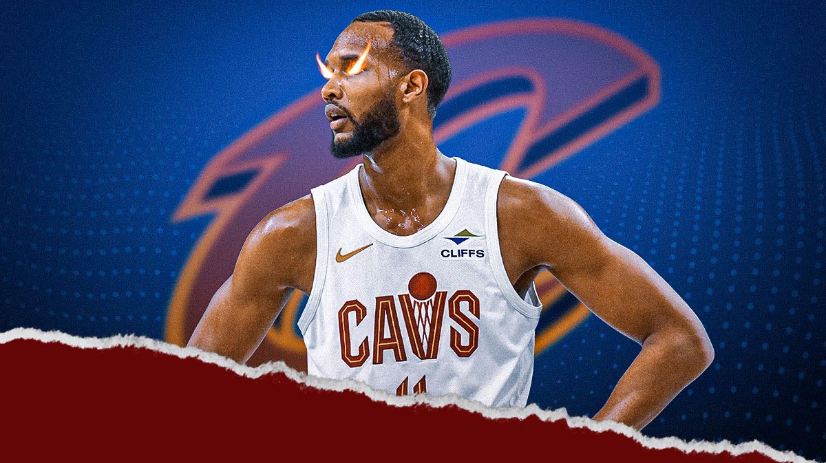Evan Mobley (with fire and his eyes and wearing a crown) featuring a Cavs-themed BG.