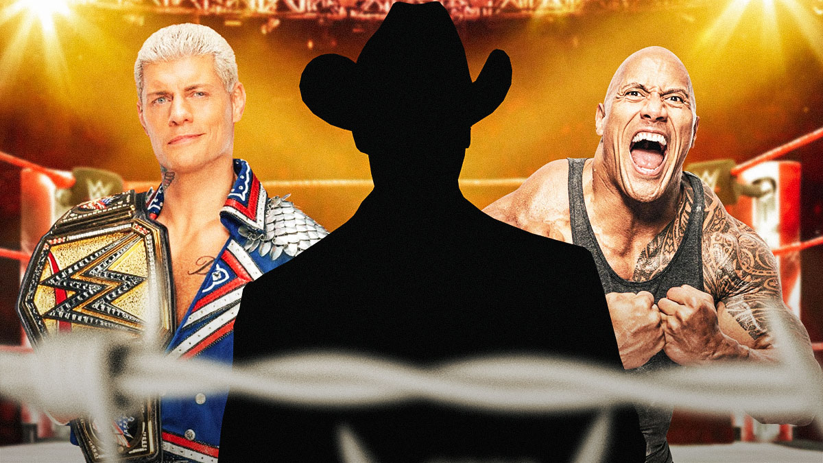 The blacked-out silhouette of JBL with The Rock on his left and Cody Rhodes on his right in a WWE ring.
