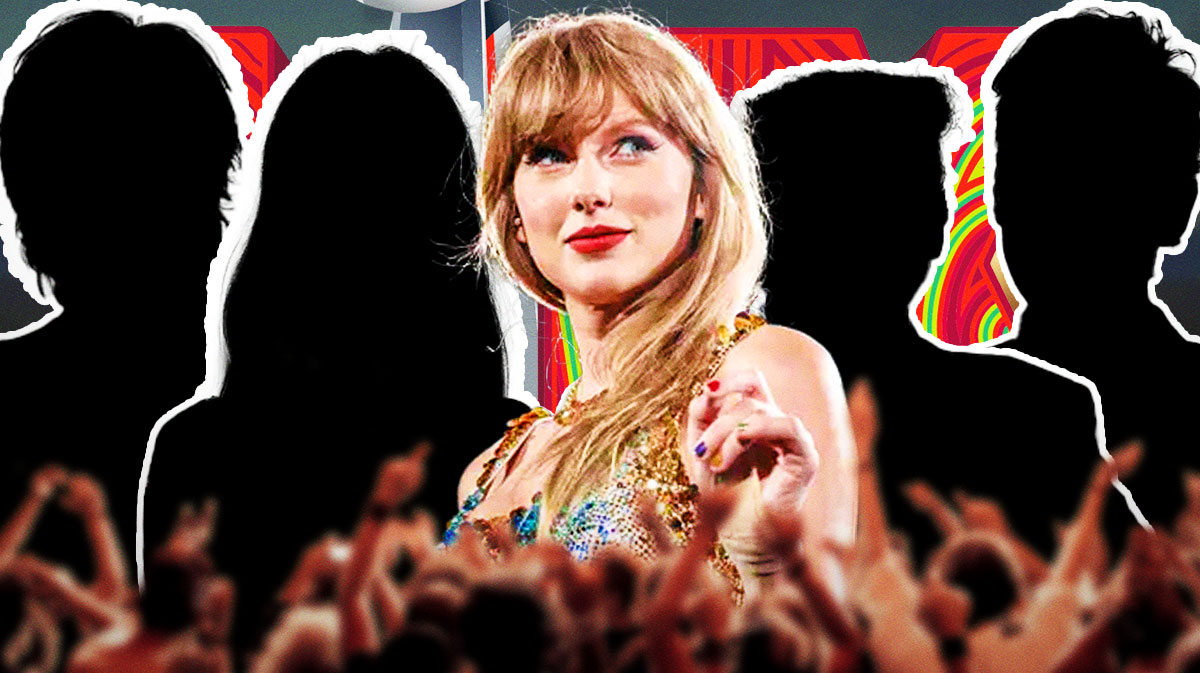 Taylor Swift in between silhouettes of other celebrities who attended Super Bowl 59 such as Paul McCartney, Paul Rudd, Anne Hathaway, and Donald Trump.