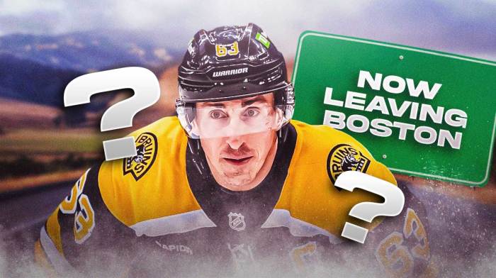 Brad Marchand surrounded by question marks below a highway sign that says "Now leaving Boston"