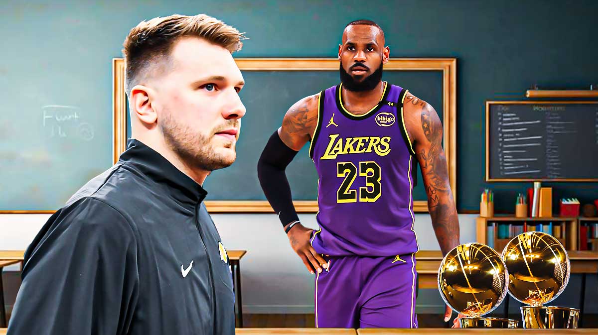 Lakers superstar Luka Doncic in a classroom behind a desk, looking at Lakers superstar LeBron James as the teacher with the Lakers logo and the 2020 Lakers championship banner in the background talking with Danny Green