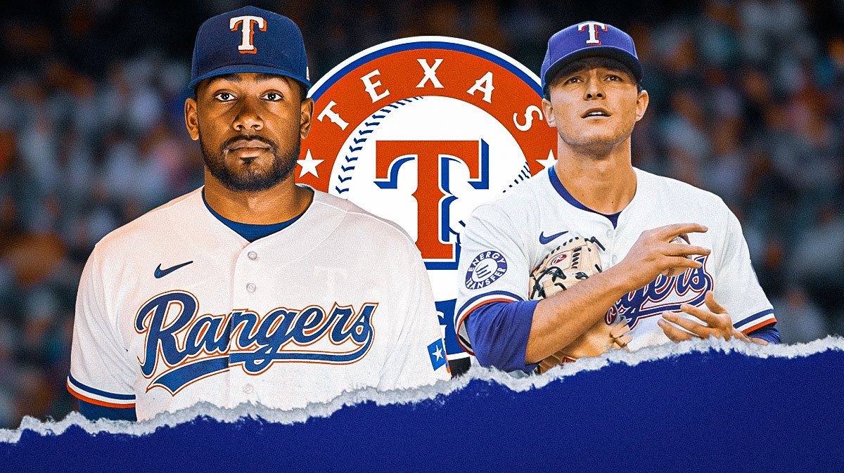 Jack Leiter and Kumar Rocker with Texas Rangers logo behind them