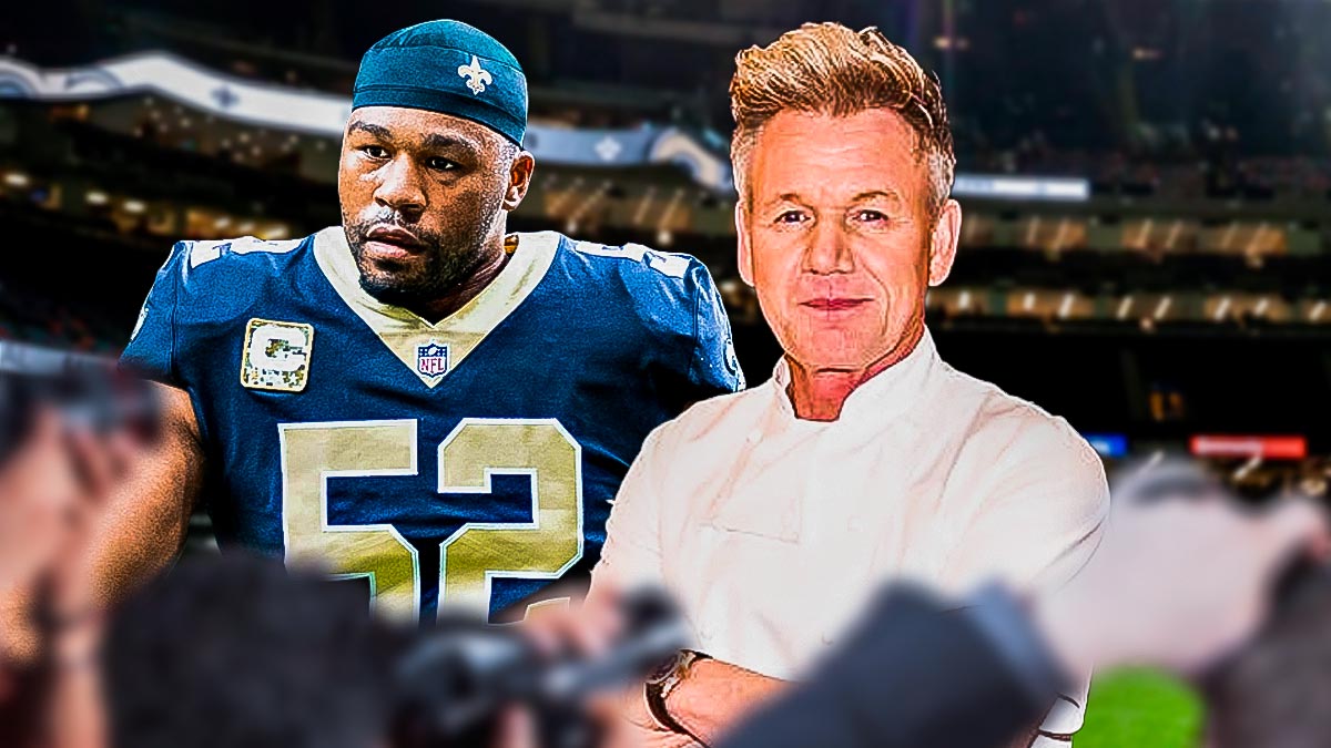 Former New Orleans Saints play Craig Robertson with Kitchen Nightmares: Road to Super Bowl 59 host Gordon Ramsay and Caesars Superdome background.