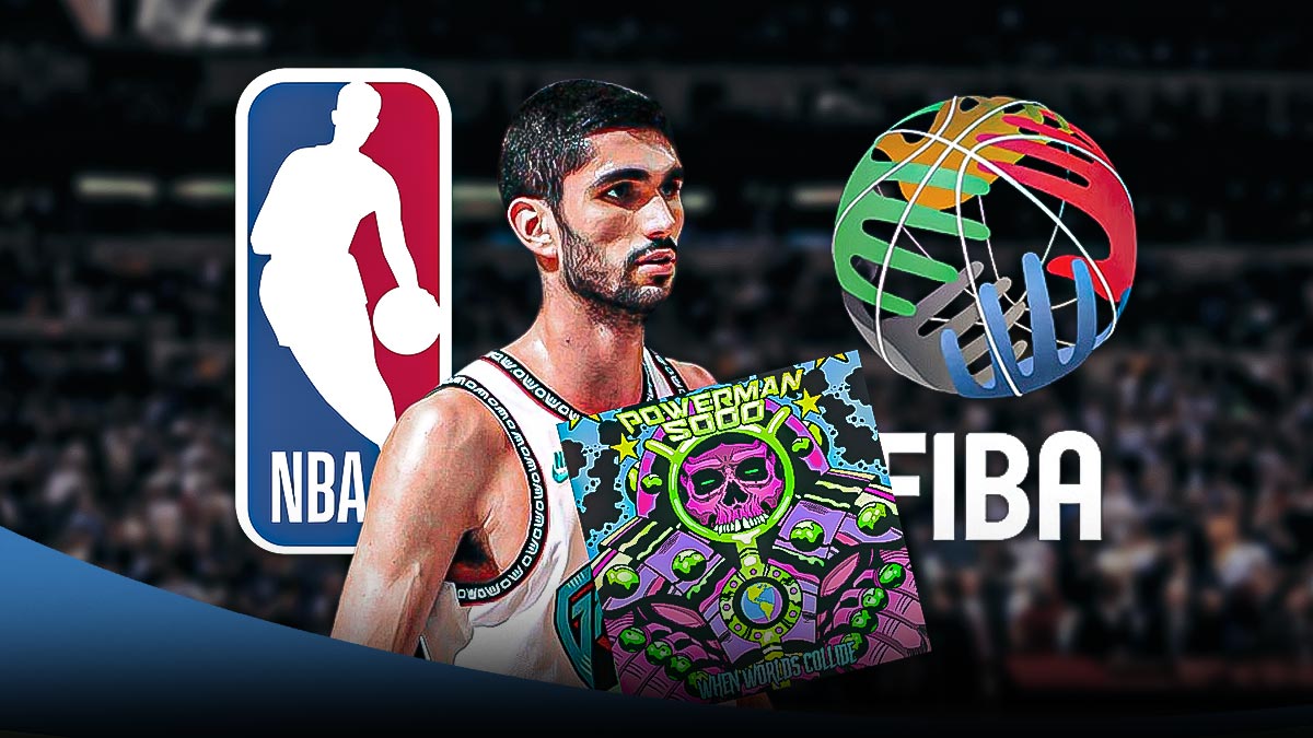 Grizzlies forward Santi Aldama. When Worlds Collide (Powerman 5000) record, NBA logo, FIBA logo