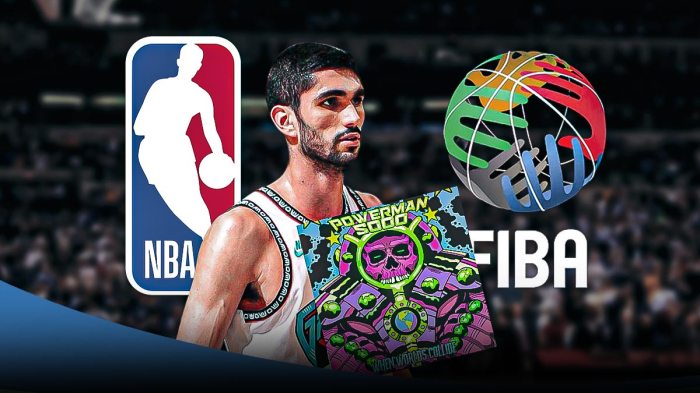 Grizzlies forward Santi Aldama. When Worlds Collide (Powerman 5000) record, NBA logo, FIBA logo