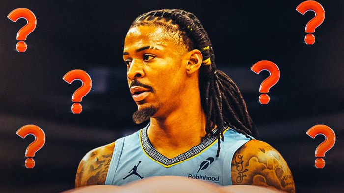 Ja Morant, Grizzlies, Ja Morant trade, Ja Morant rumors, Ja Morant Grizzlies, Ja Morant in Grizzlies uniform, question marks on graphic, basketball background