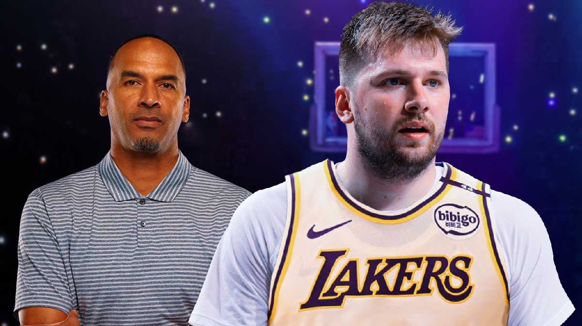 Mavericks' Nico Harrison and Luka Doncic wearing Lakers #77 jersey