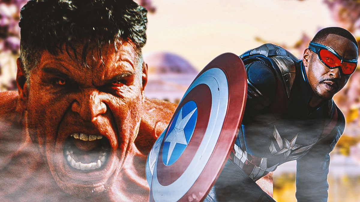 Harrison Ford as Thaddeus Thunderbolt Ross/Red Hulk and Anthony Mackie as Sam Wilson in Captain America: Brave New World with Washington DC cherry blossoms background, where the ending takes place.